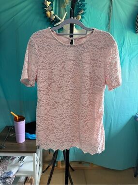Women's Pink Floral Lace Short Sleeve Blouse